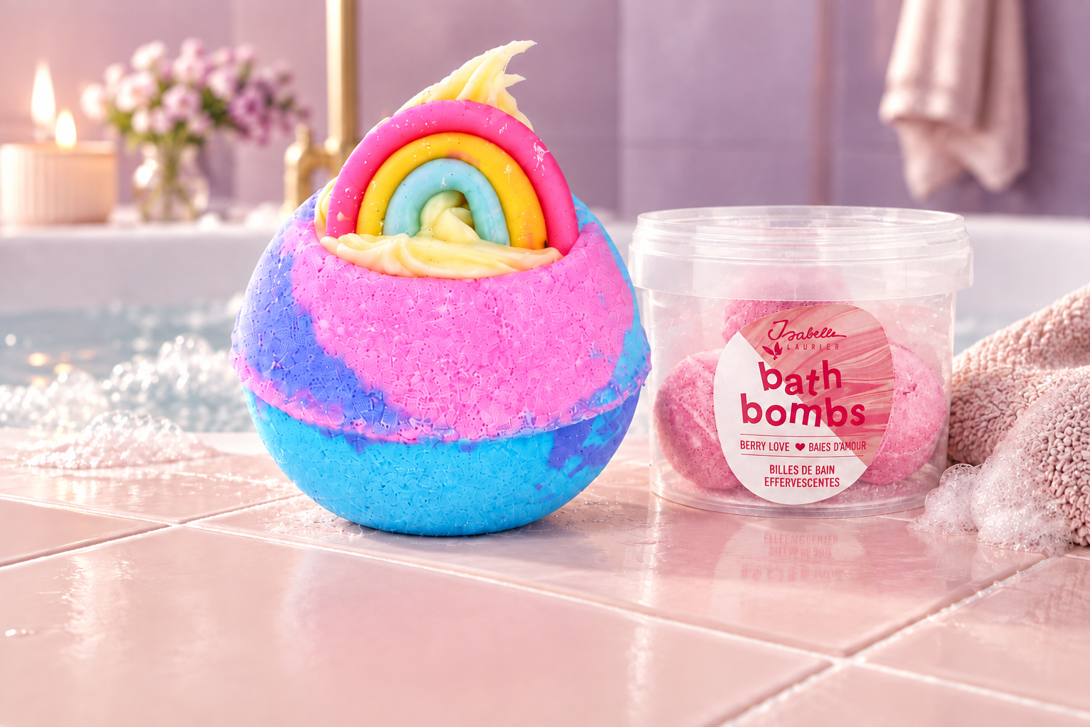 Rainbow Wibes och Minibadbomber hallon i en rosa badrumsmiljö